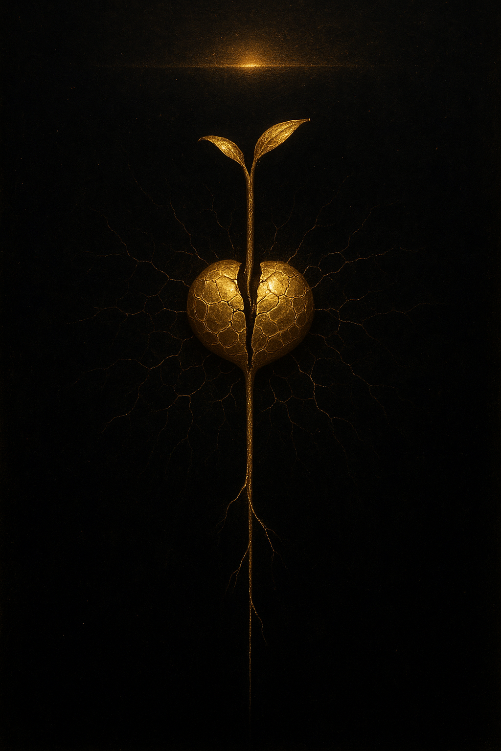 Gold seed-heart splitting open on the void, a poem cover