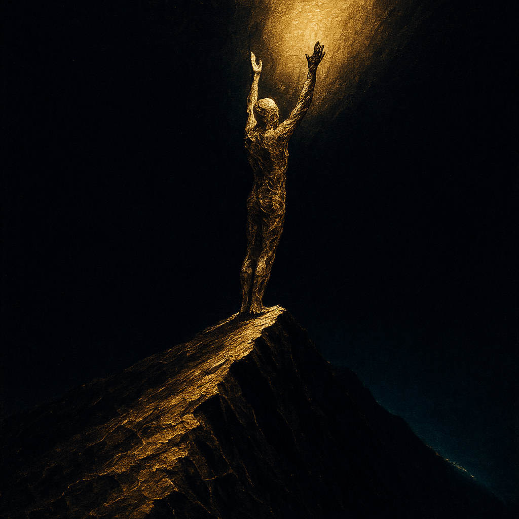 A lone gold figure at a dark summit reaching into light, an album cover